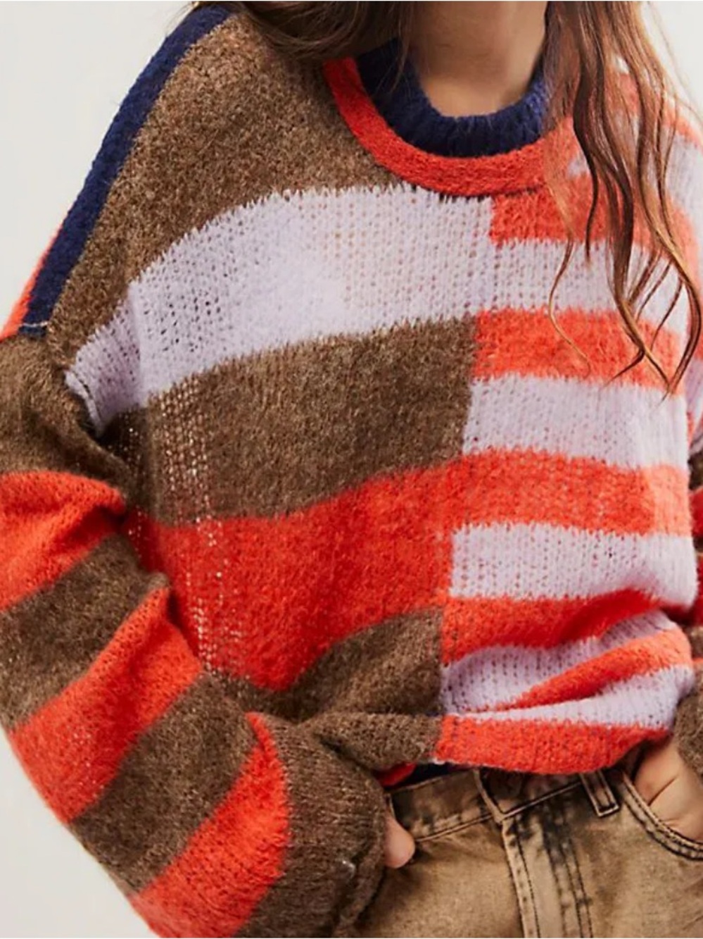 Free People Striped Boxy Crewneck Sweater in Red, Brown & Lavender